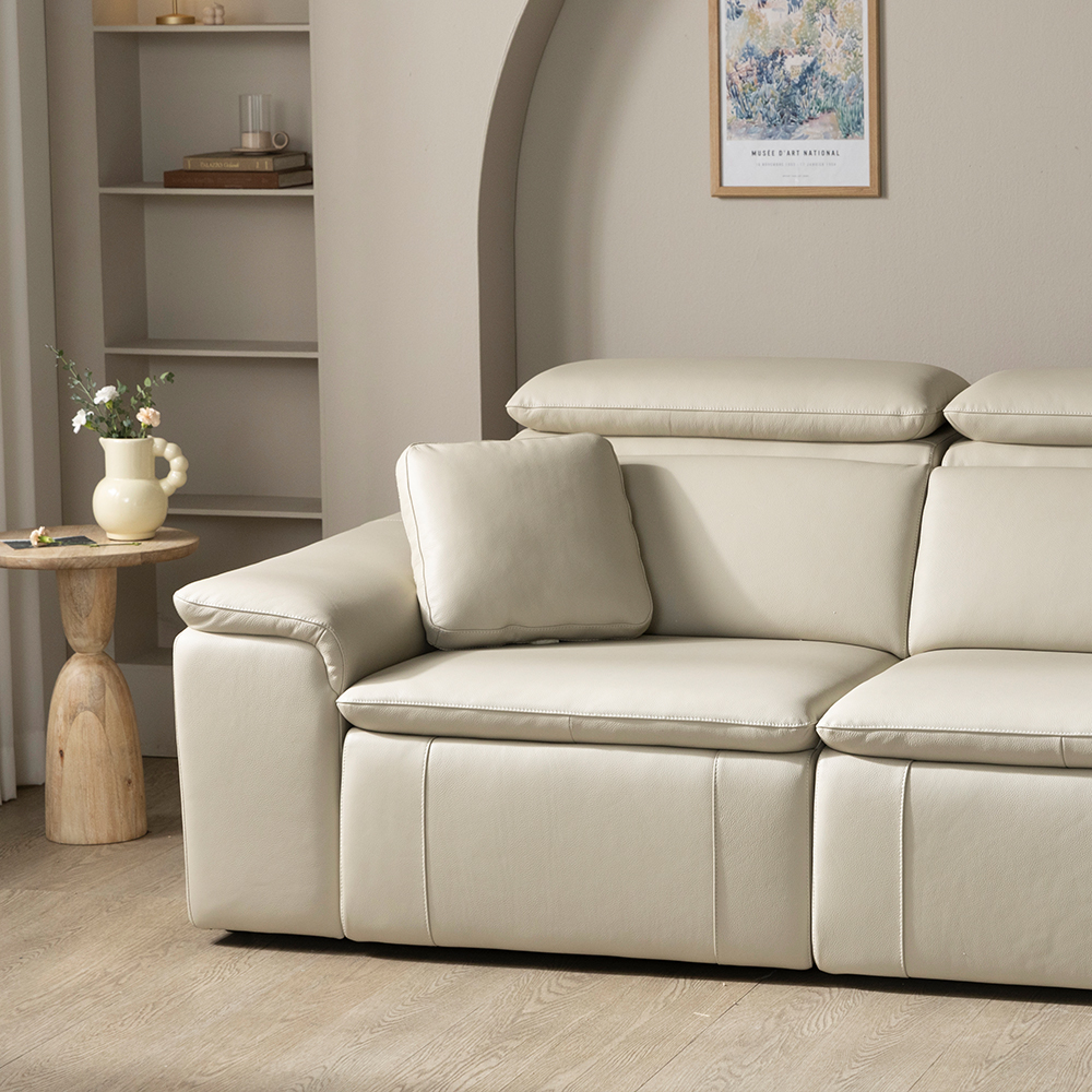 [4인 쇼파] 미코하임 아우라 천연면피 황소 가죽 슬라이딩 확장 거실 리클라이너 소파 스툴미포함, 샌드베이지, 4인용
