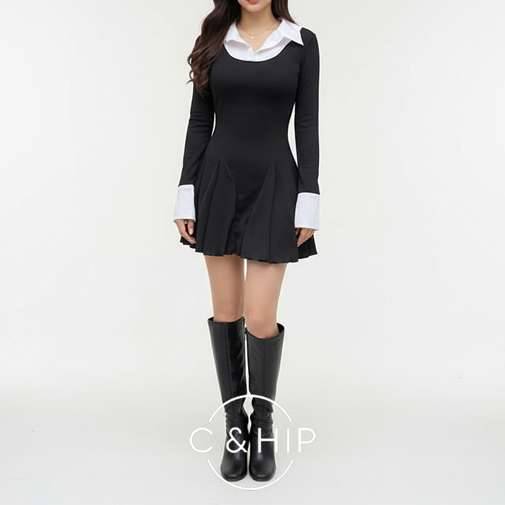 라라 셔츠 레이어드 플레어 a라인 긴팔 미니원피스 2color - 상품 이미지