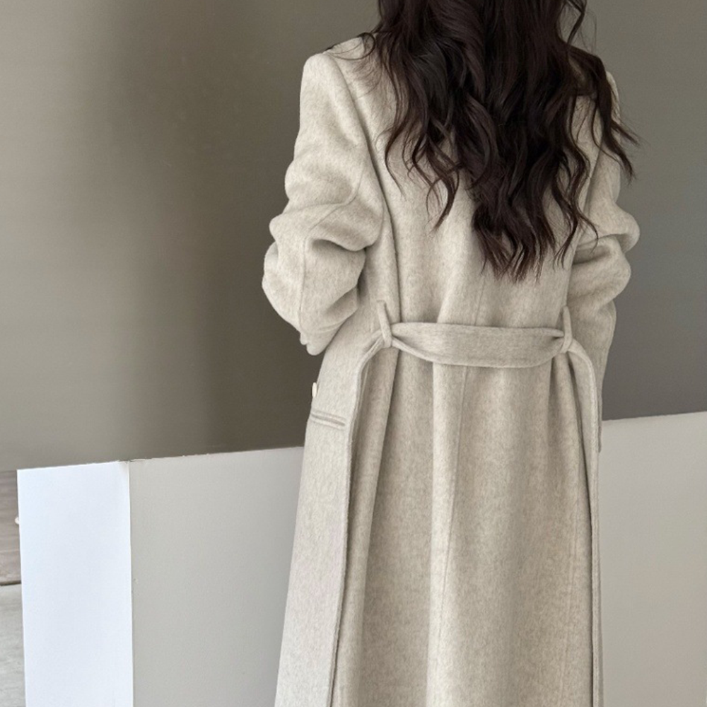 여성 울 핸드메이드 롱코트 더블버튼 클래식 하객룩 출근룩 아우터 오트밀 블랙 - 상세 이미지 3