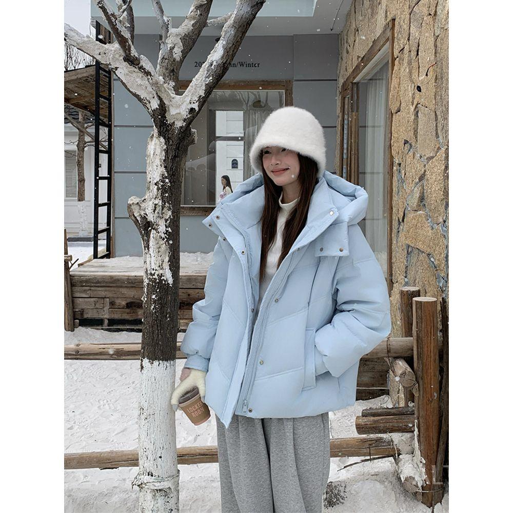하늘색 패딩 재킷 후드 삿포로 코디 따뜻한 아우터 두꺼운 여행 패딩점퍼 겨울용 - 상세 이미지 3