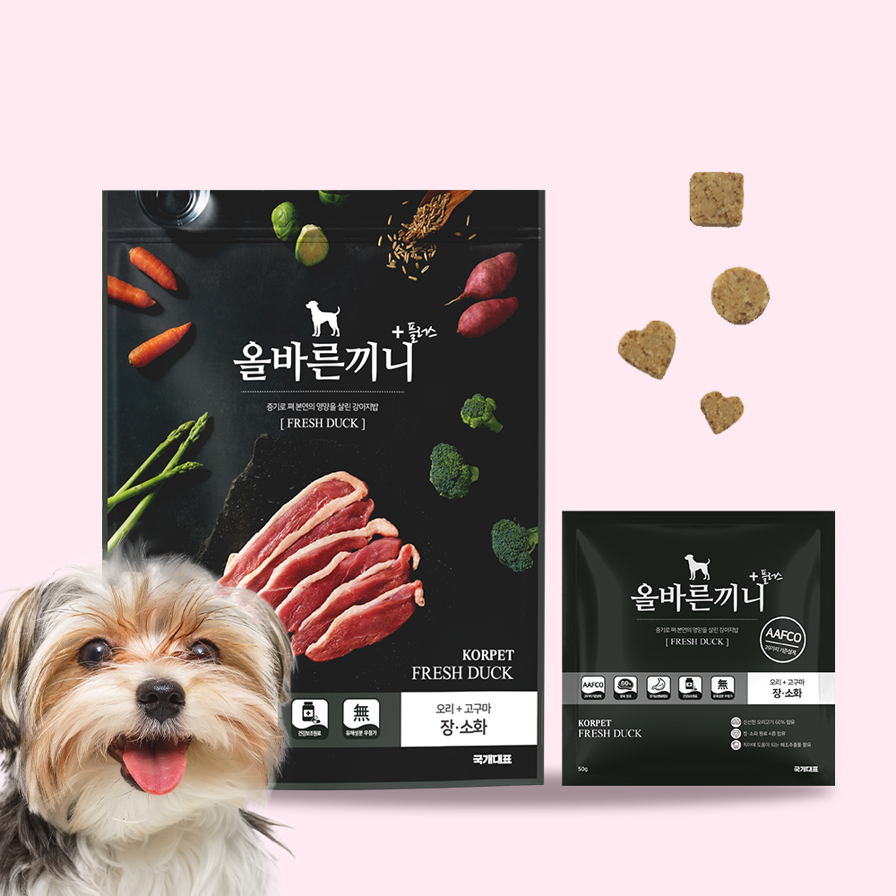올바른끼니 플러스 오리 강아지사료 장건강 도움 강아지 밥 안먹을때 기호성 좋은 반려견 사료 - 메인 이미지