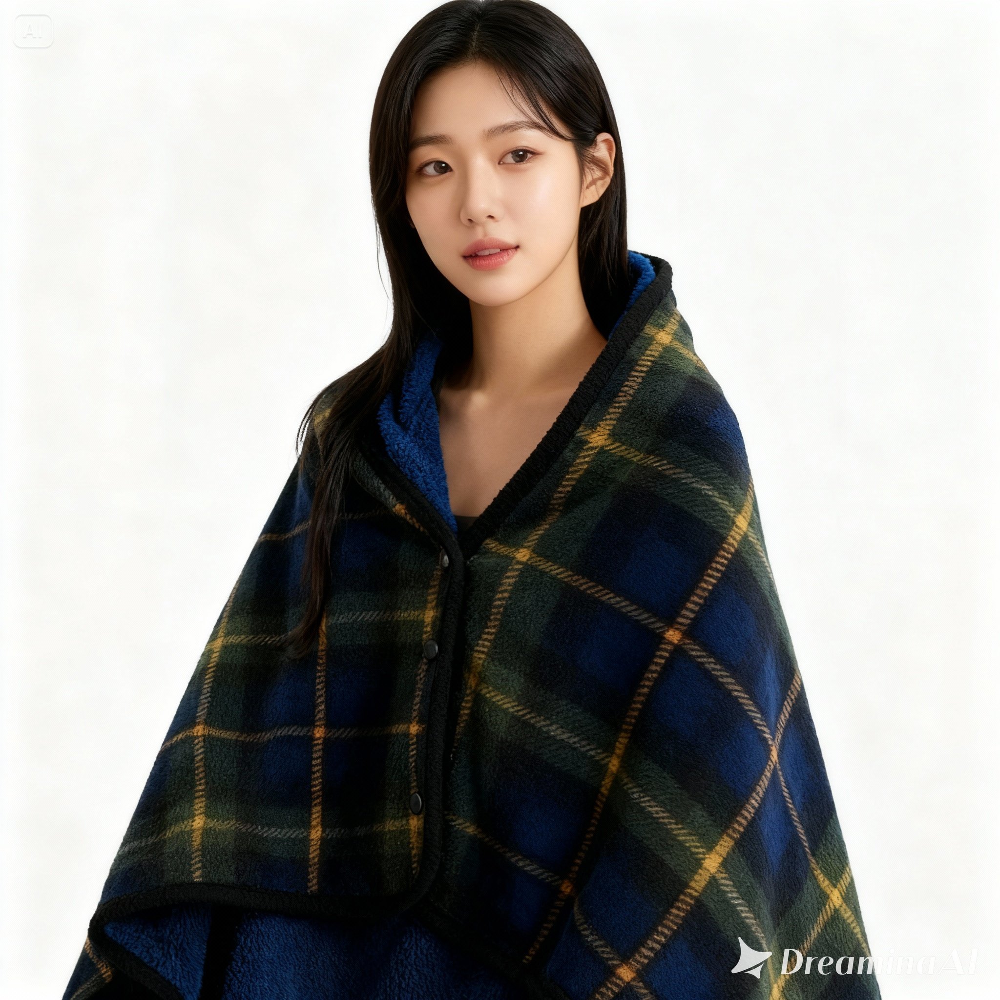 한성 극세사 단추 융털 무릎담요 어깨겸용 보온 입는담요 망또형 체크그린, 80x135cm - 메인 이미지