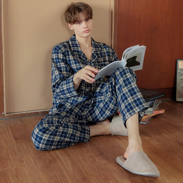 네이비타탄체크 긴팔 약기모 순면 빅사이즈 남자 잠옷 파자마 세트