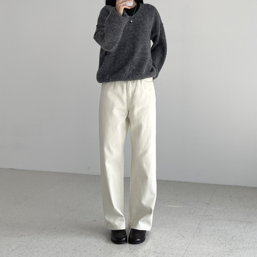 기모바지 여성 가을 겨울 도톰한 면 코튼 하이웨스트 스트레이트 일자 크림색 블랙 피치온팬츠 - 상세 이미지 2