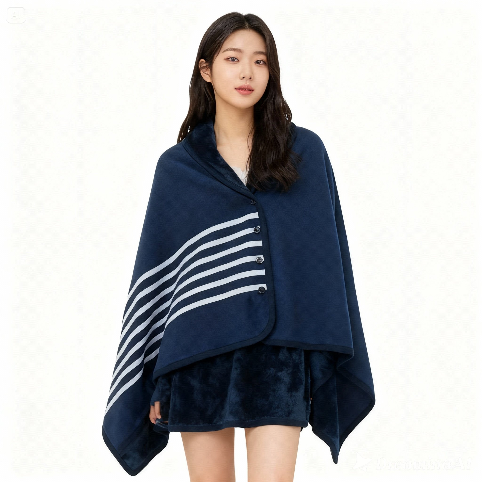 한성 극세사 단추 융털 무릎담요 어깨겸용 보온 입는담요 망또형 라인네이비, 80x135cm - 상품 이미지