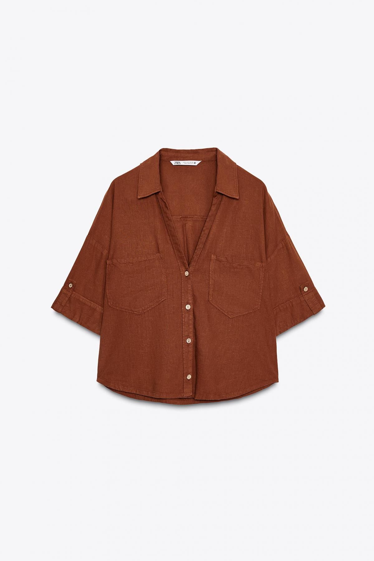 자라 린넨블렌드 크롭 반팔 셔츠 2187/813 TERRACOTTA - 상품 이미지