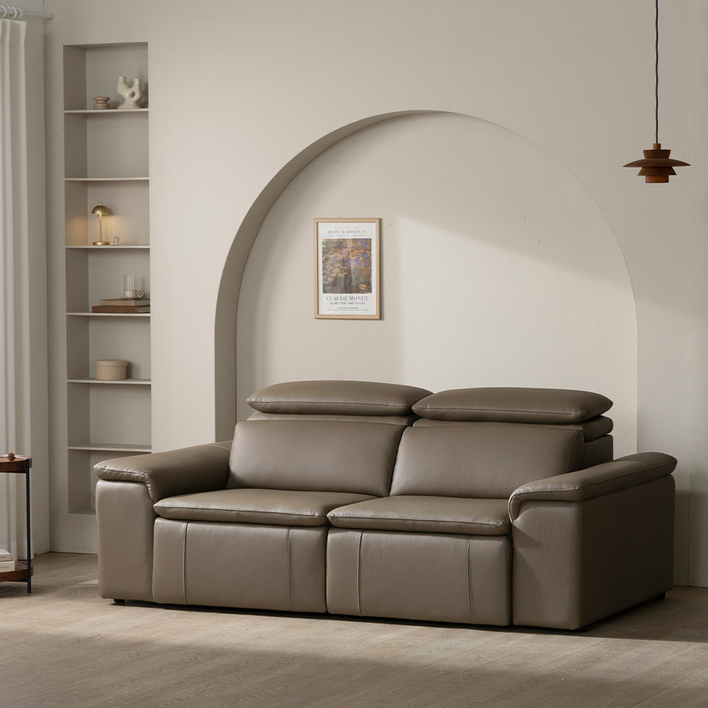 [4인 쇼파] 미코하임 아우라 천연면피 황소 가죽 슬라이딩 확장 거실 리클라이너 소파 스툴미포함, 토프브라운, 4인용