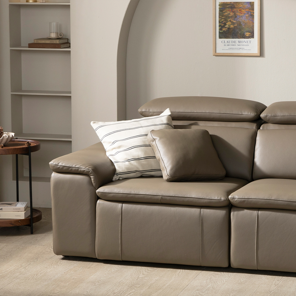 [4인 쇼파] 미코하임 아우라 천연면피 황소 가죽 슬라이딩 확장 거실 리클라이너 소파 스툴미포함, 토프브라운, 4인용