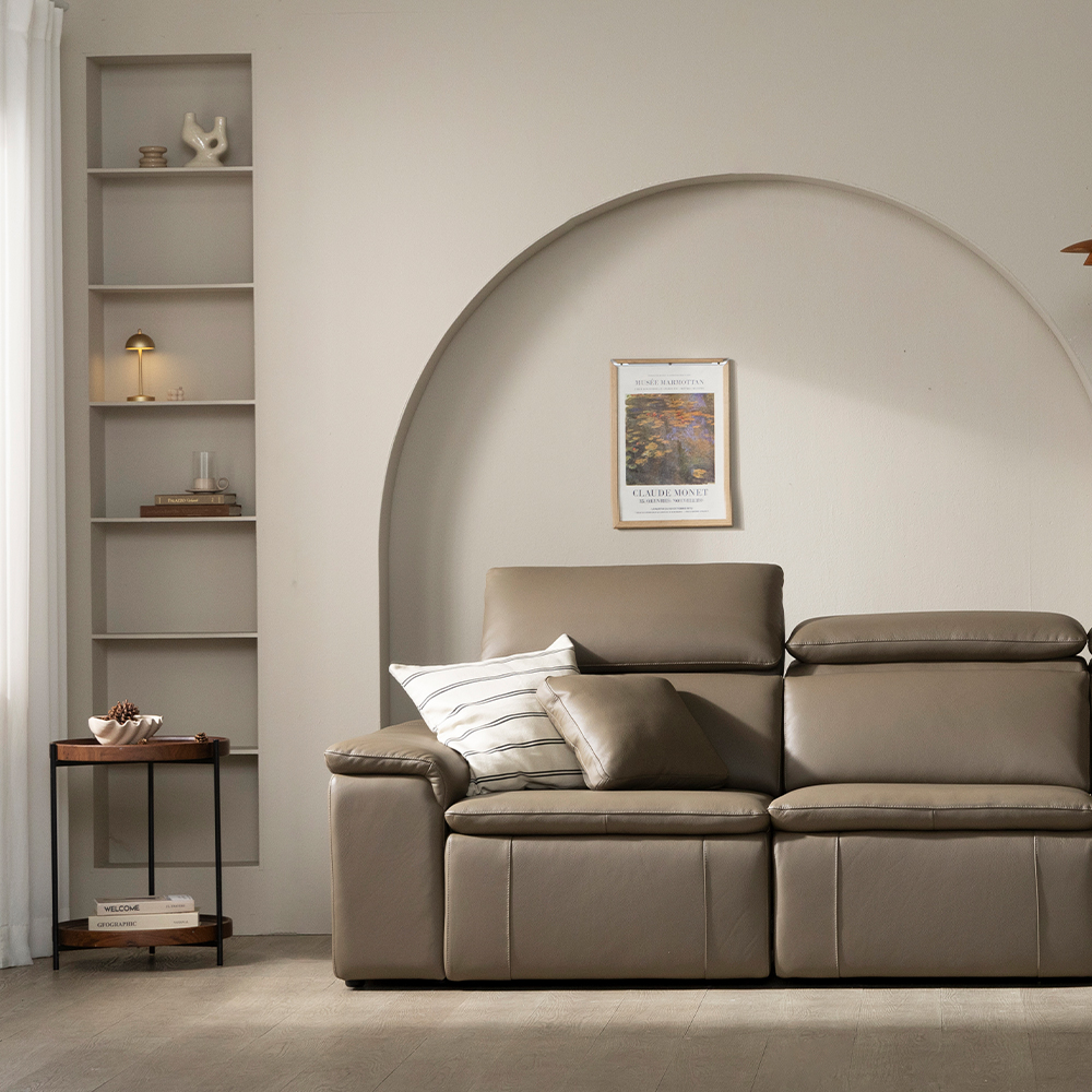 [4인 쇼파] 미코하임 아우라 천연면피 황소 가죽 슬라이딩 확장 거실 리클라이너 소파 스툴미포함, 토프브라운, 4인용