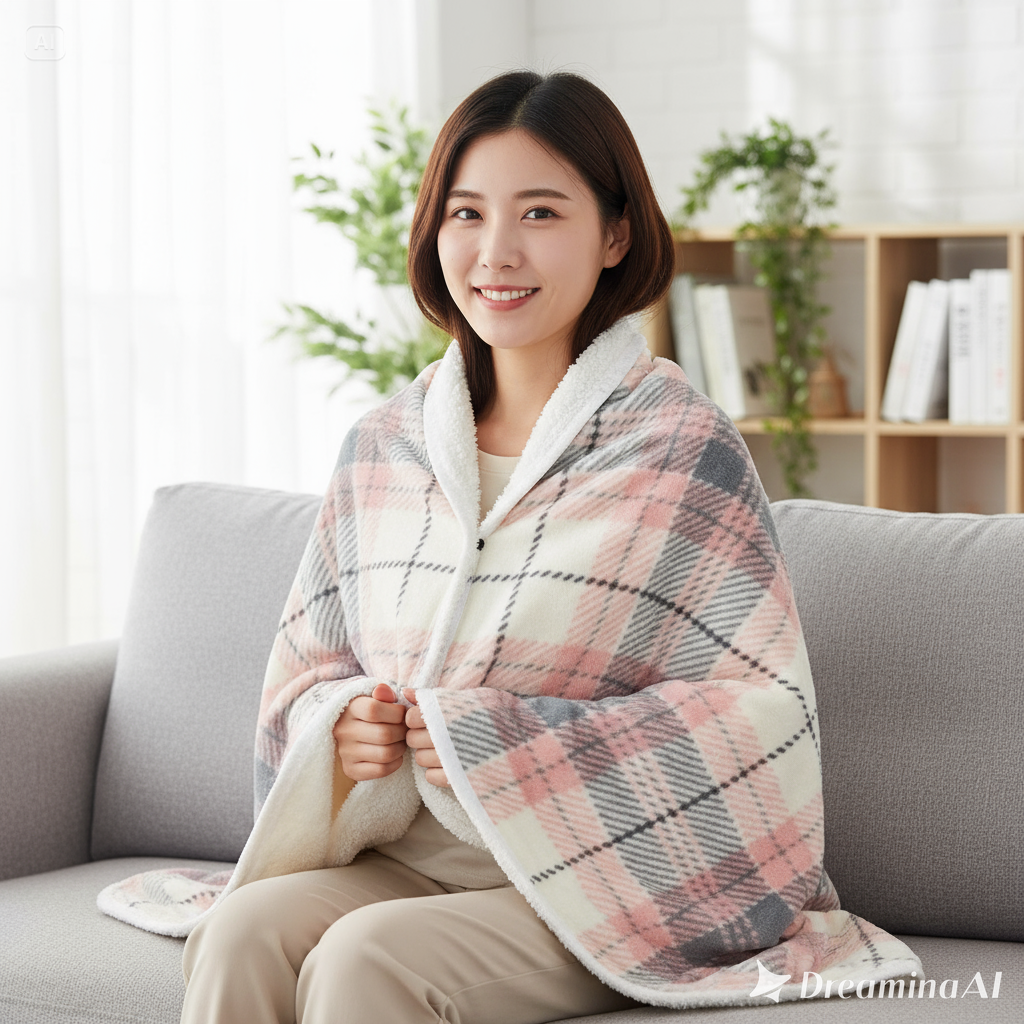 한성 극세사 단추 융털 무릎담요 어깨겸용 보온 입는담요 망또형 체크핑크, 80x135cm - 메인 이미지
