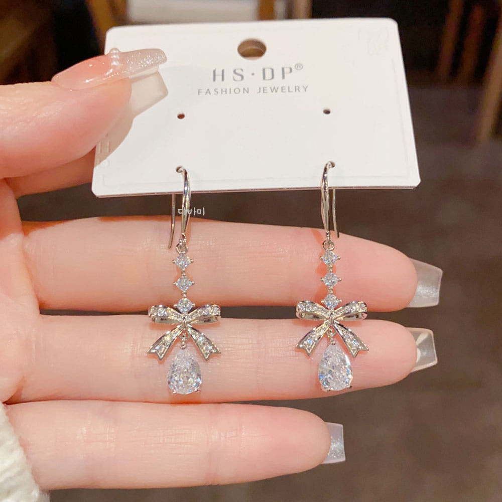 14K 우아한 큐빅 리본 긴귀걸이 롱 드롭 고급 이어링 이미지 8