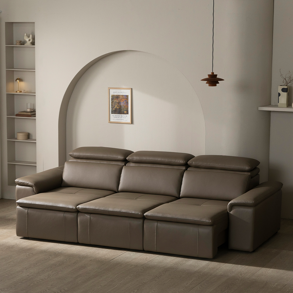 [4인 쇼파] 미코하임 아우라 천연면피 황소 가죽 슬라이딩 확장 거실 리클라이너 소파 스툴미포함, 토프브라운, 4인용