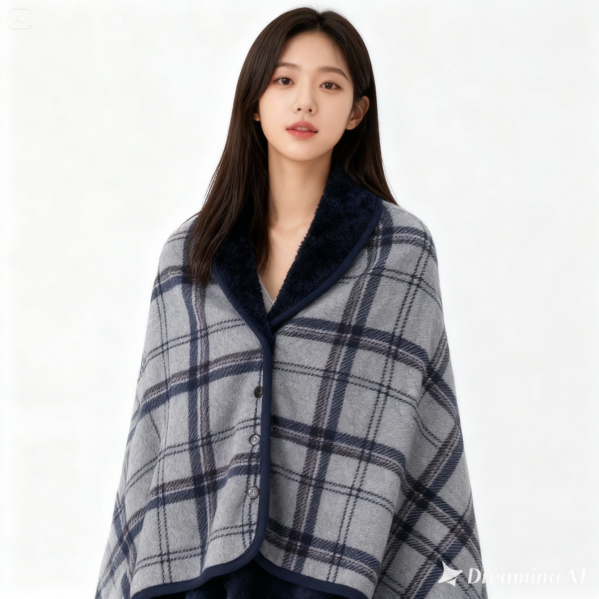 한성 극세사 단추 융털 무릎담요 어깨겸용 보온 입는담요 망또형 체크다크그레이, 80x135cm - 메인 이미지