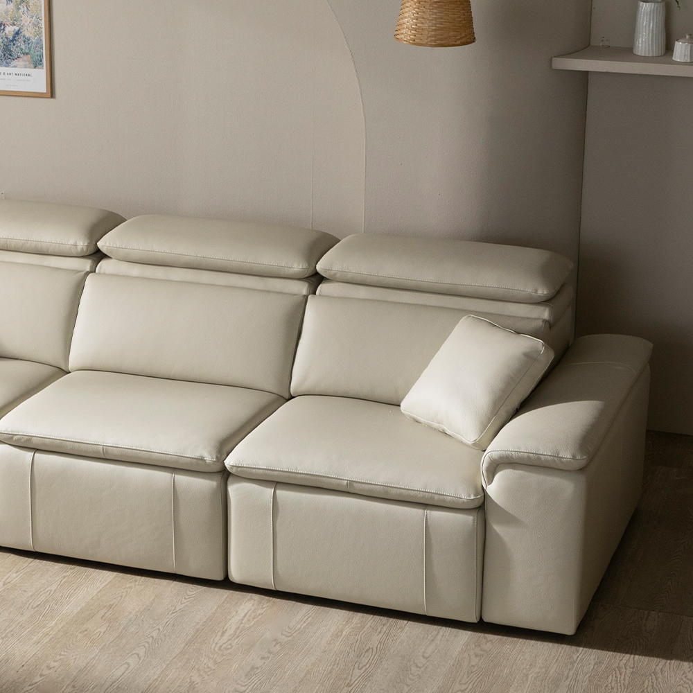 [4인 쇼파] 미코하임 아우라 천연면피 황소 가죽 슬라이딩 확장 거실 리클라이너 소파 스툴미포함, 샌드베이지, 4인용