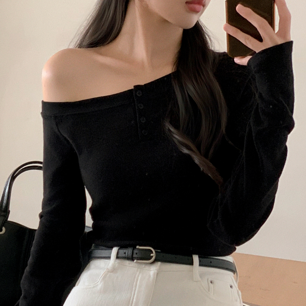 언발 원숄더 헨리넥 긴팔 티셔츠 ts4765 - 상품 이미지