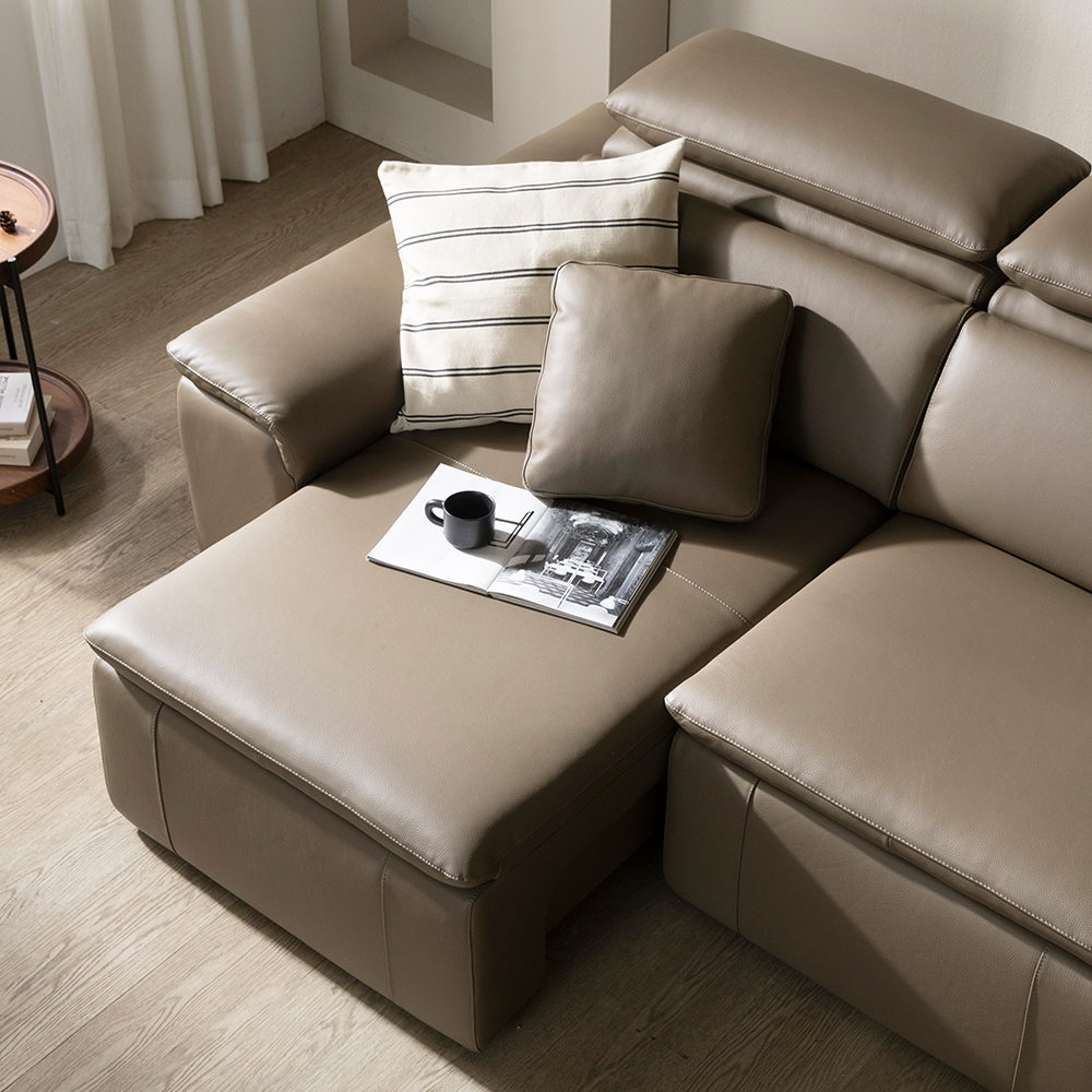 [4인 쇼파] 미코하임 아우라 천연면피 황소 가죽 슬라이딩 확장 거실 리클라이너 소파 스툴미포함, 토프브라운, 4인용