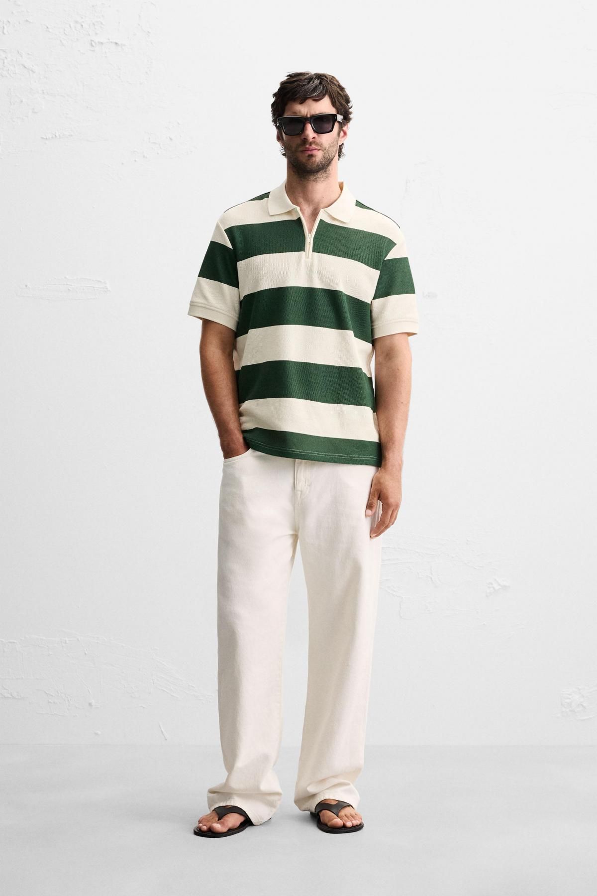 자라 스트라이프 지퍼넥 폴로셔츠 4087/467 WHITE / GREEN - 상세 이미지 2