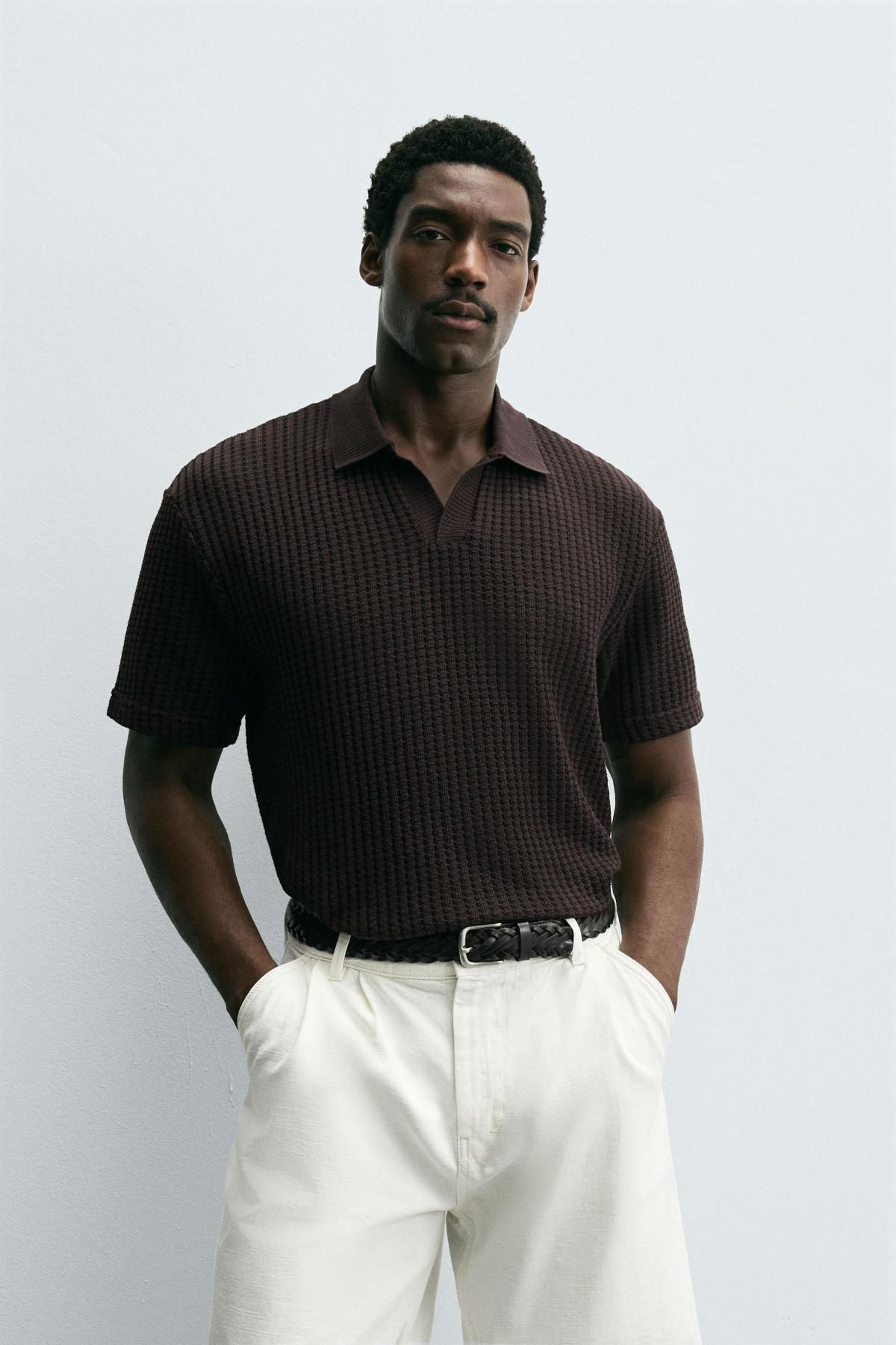자라 와플 텍스처 코튼 블렌드 반팔 폴로셔츠 4087/333 BROWN - 상세 이미지 3