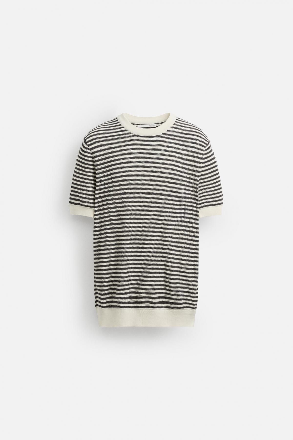 자라 미니멀 스트라이프 오픈니트 반팔 니트 티셔츠 3166/313 WHITE / GREY - 메인 이미지