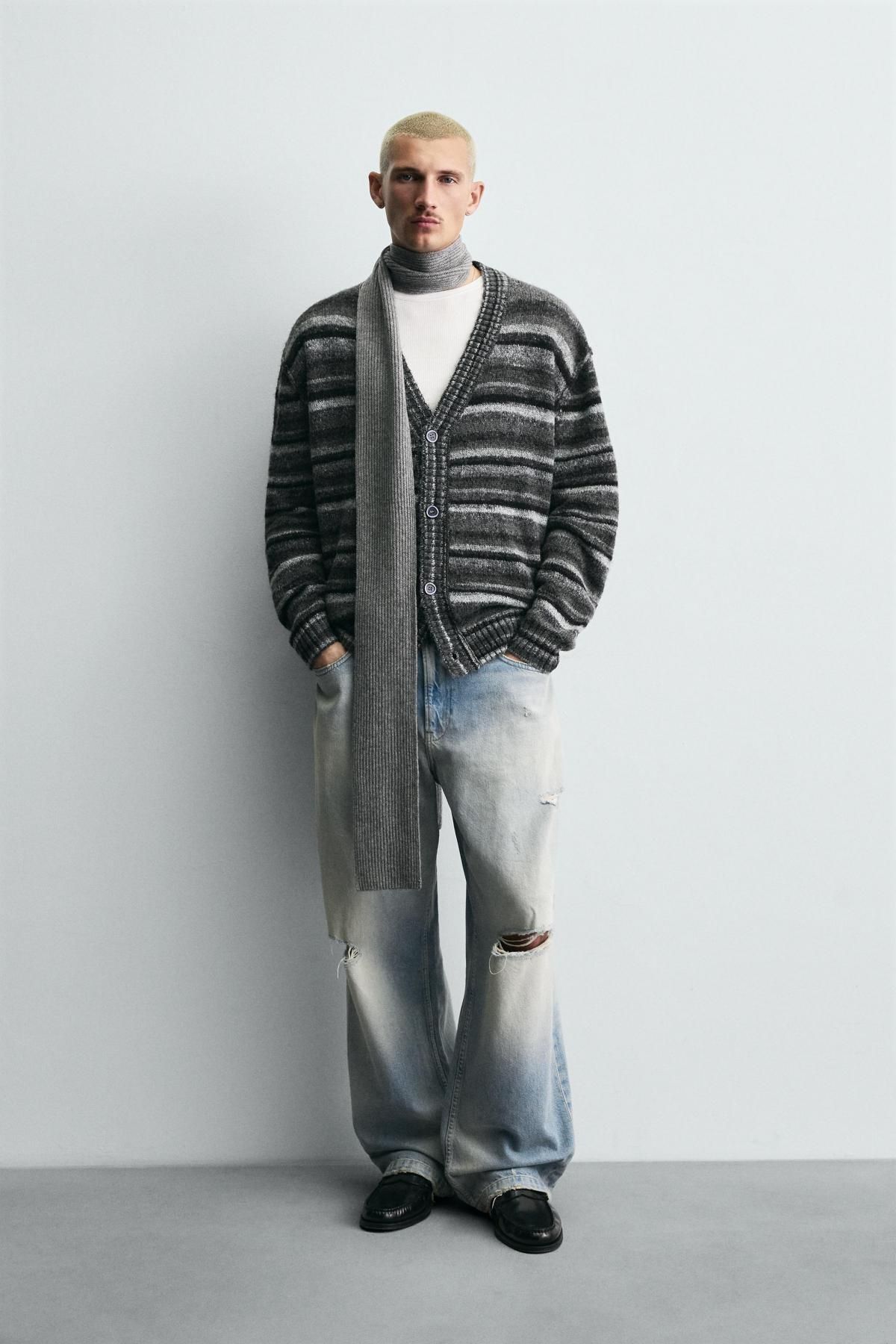 자라 스트라이프 브이넥 자카드 가디건 3920/157 ANTHRACITE GREY - 상세 이미지 2