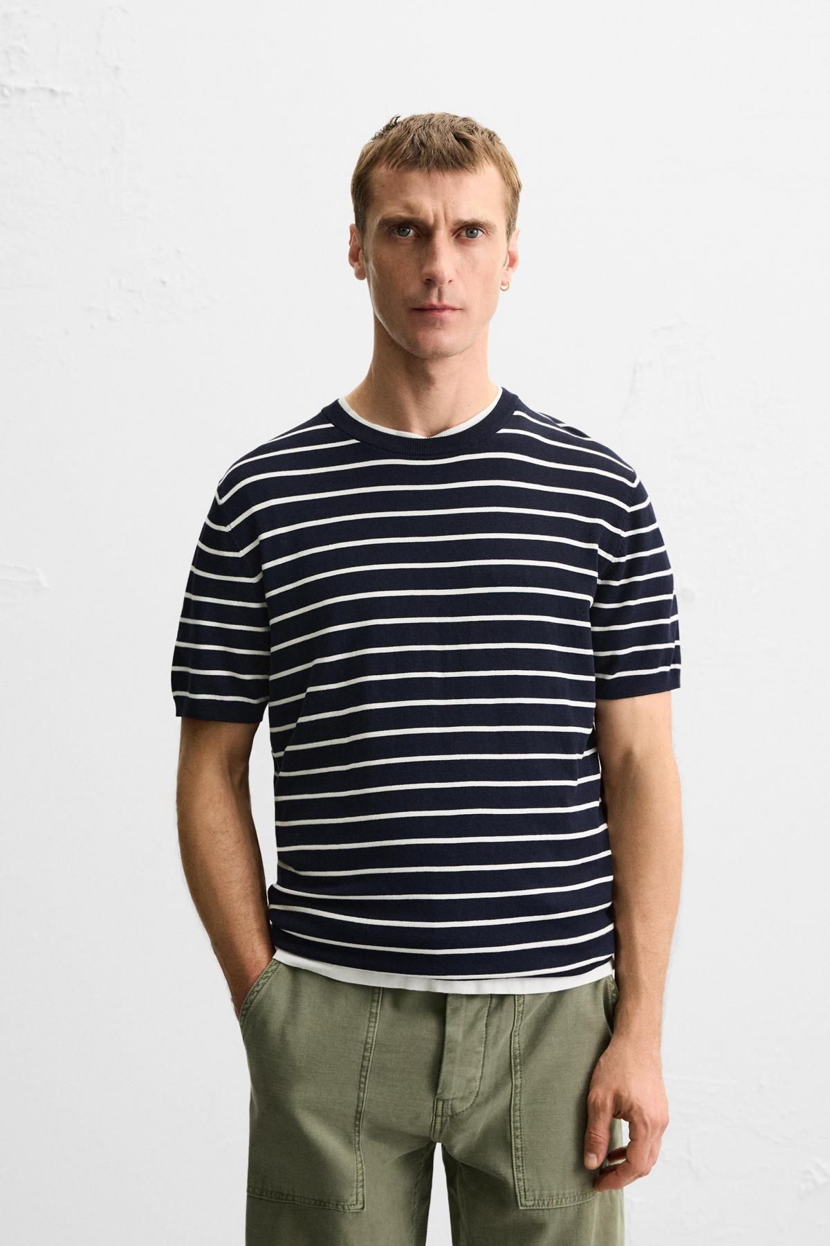 자라 스트라이프 미니멀 비스코스 블렌드 니트 반팔 티셔츠 0304/406 STRIPED - 상세 이미지 3