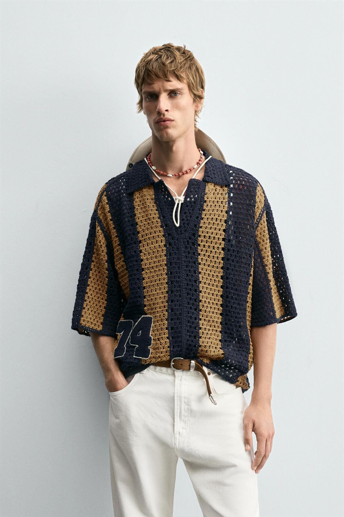 자라 크로셰 테크니컬 스트라이프 반팔 셔츠 7200/222 NAVY BLUE - 상세 이미지 3