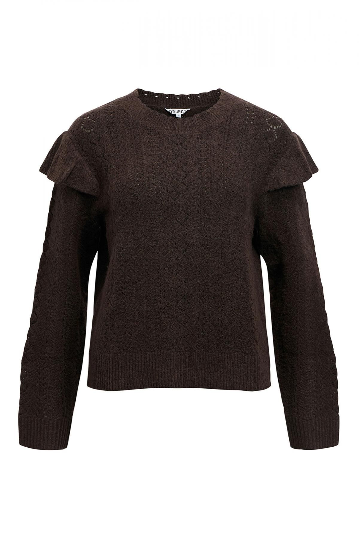 오브젝트 러플 라운드넥 니트 브라운 스웨터 3762254 MARRON OSCURO - 상품 이미지