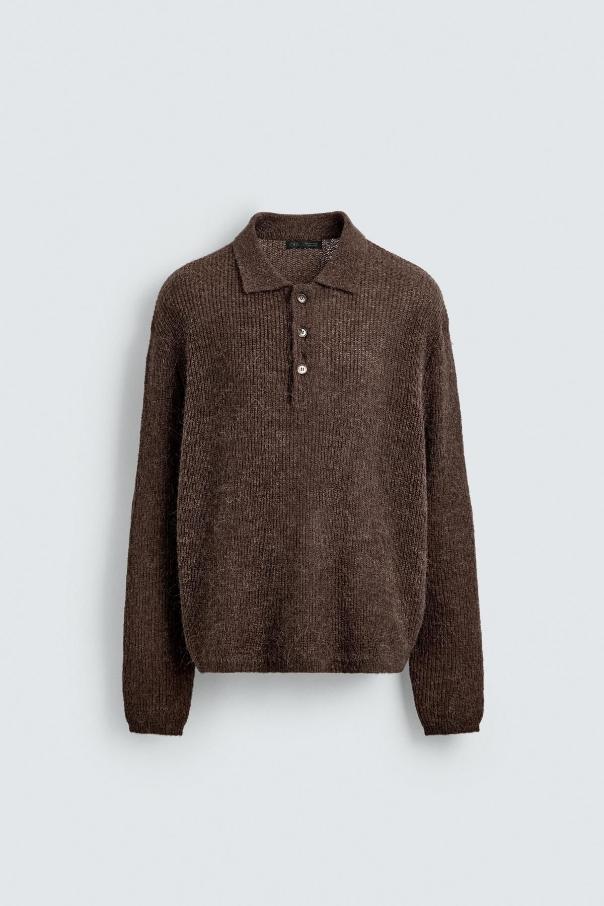 자라 텍스처 브라운 니트 긴팔 폴로 셔츠 2142/316 BROWN - 메인 이미지