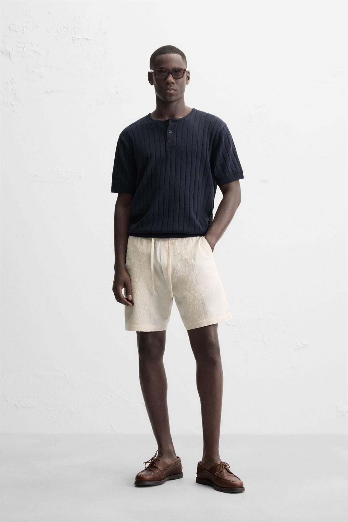 자라 자카드 텍스처 코튼 블렌드 밴딩 반바지 2675/440 OYSTER-WHITE - 상세 이미지 2