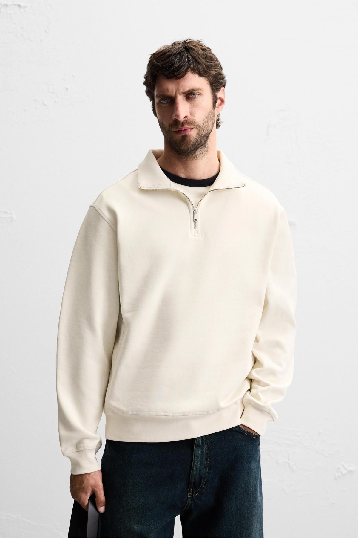 자라 오버핏 베이직 지퍼넥 스웨트셔츠 0761/311 OYSTER-WHITE - 상세 이미지 3