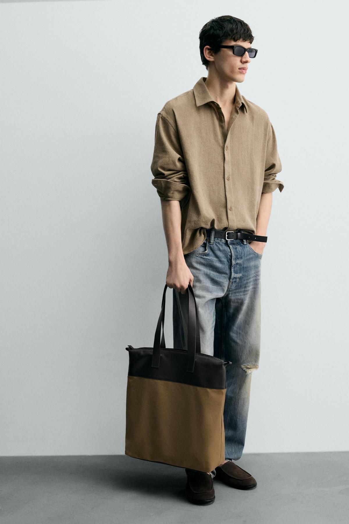 자라 베이직 레더 디테일 캔버스 토트백 3345/620 BEIGE - 상세 이미지 2