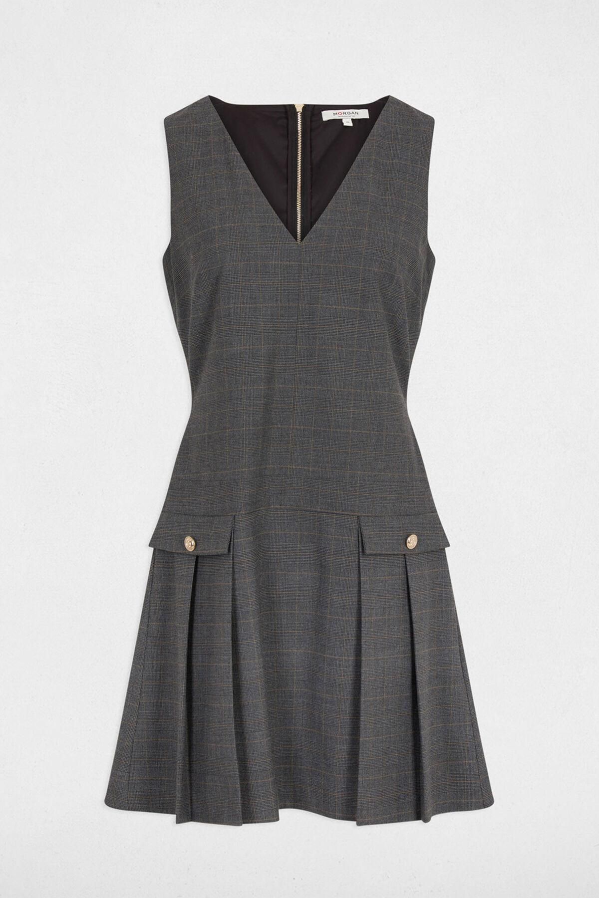 모르간 플리츠 브이넥 체크 미니 원피스 6442326 GRIS - 상품 이미지