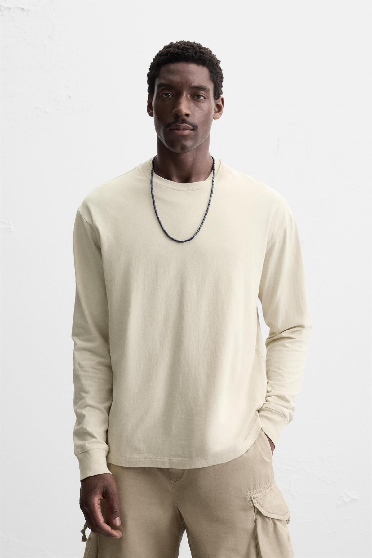 자라 미니멀 코튼 라운드넥 긴팔 티셔츠 4231/480 BEIGE - 상세 이미지 3