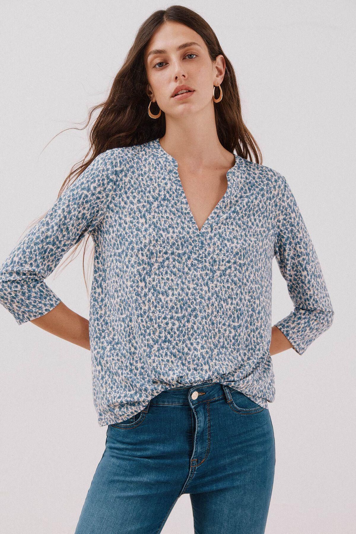 꼬르떼피엘 레오파드 프린트 브이넥 마오 블라우스 6322479 ESTAMPADO AZUL - 상품 이미지