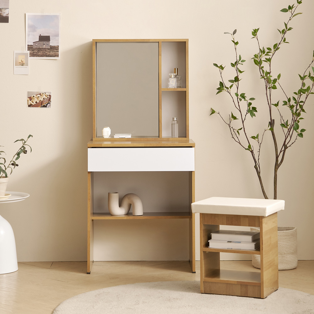 소임 수납화장대 틈새 미니 서랍 거울세트 멀바우화이트, 600x395mm