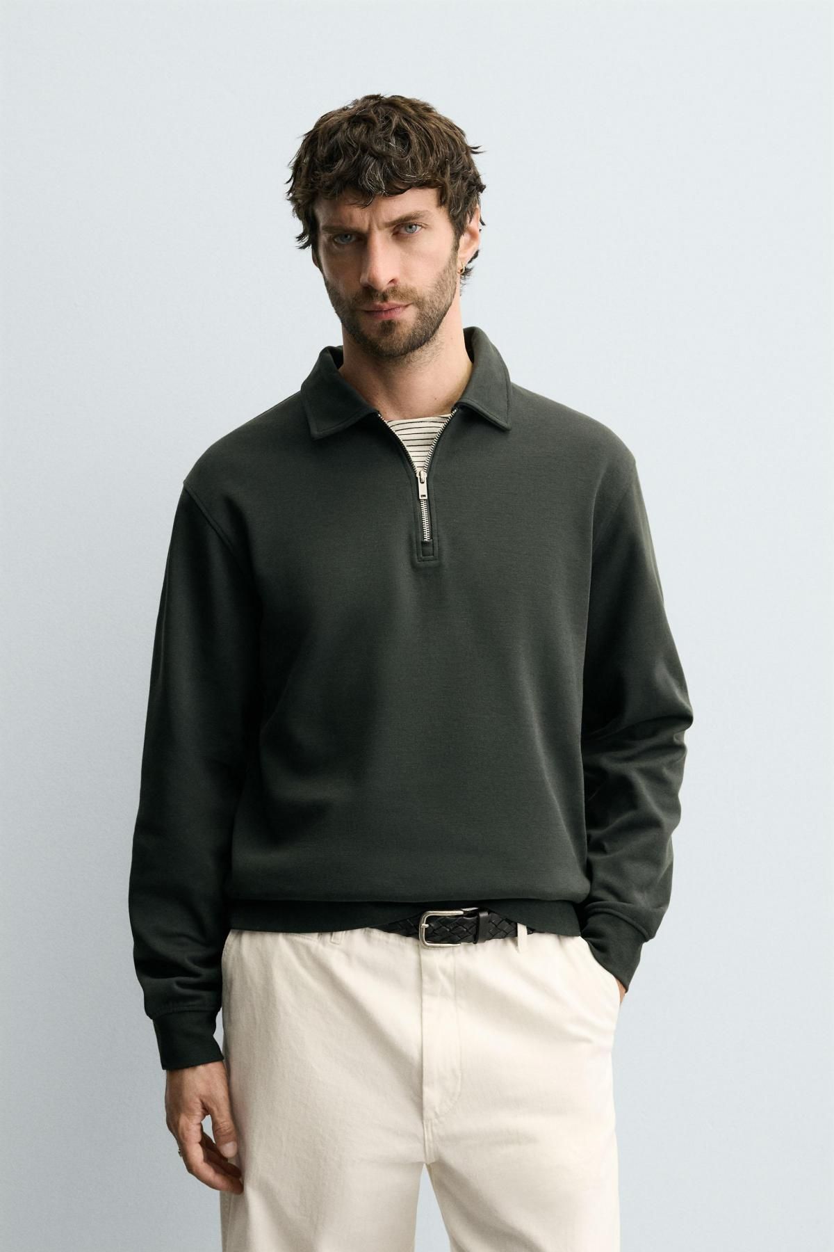 자라 테크니컬 인터록 긴팔 집업 폴로셔츠 4092/380 DARK GREEN - 상세 이미지 3