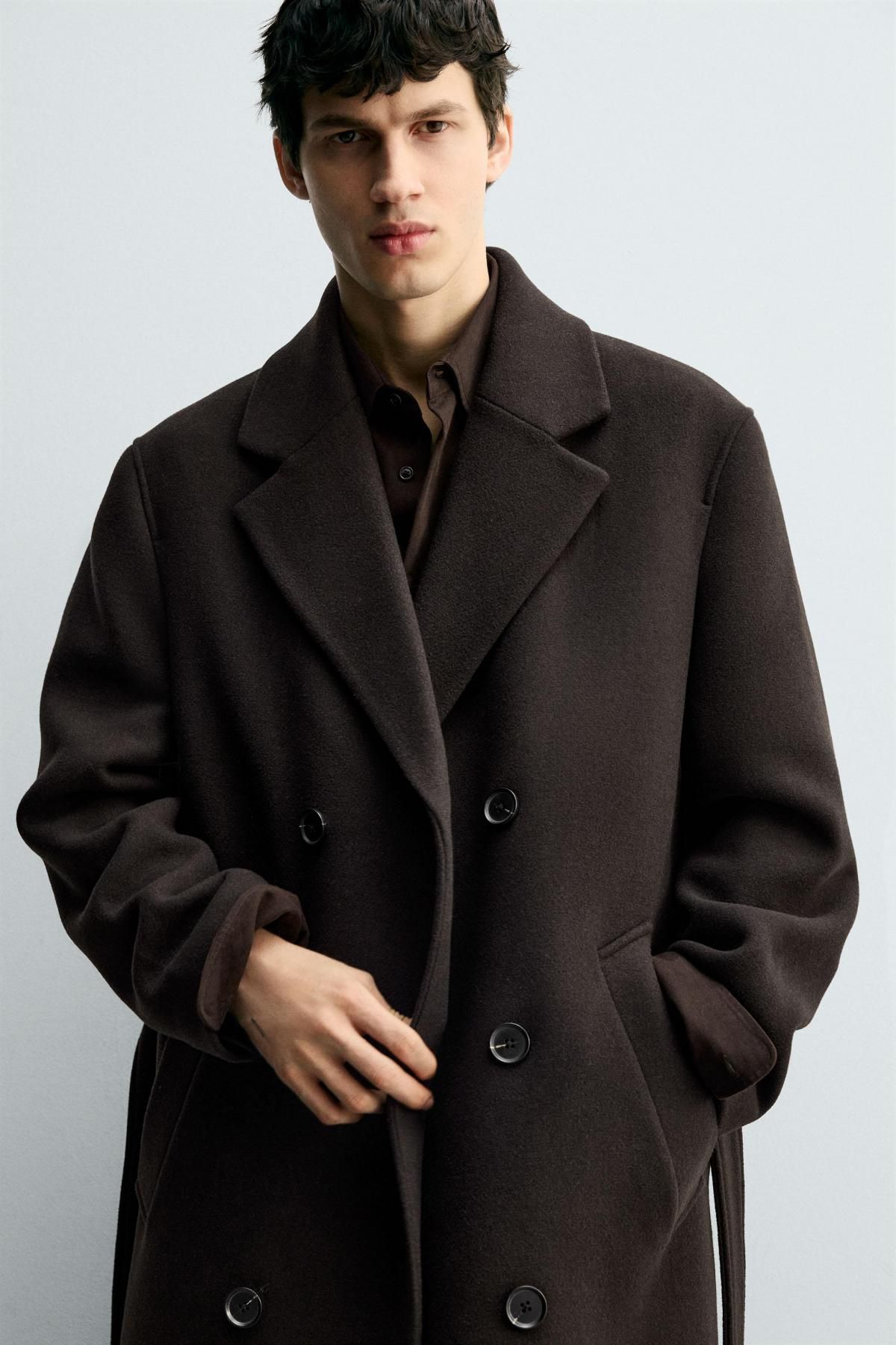 자라 더블브레스트 울블렌드 벨트 코트 2949/150 BROWN 이미지 7