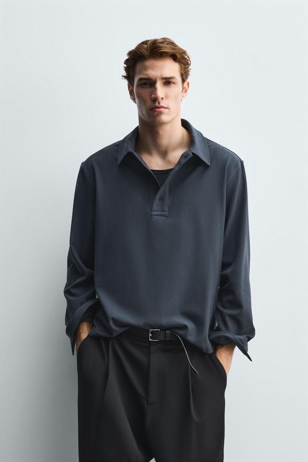 자라 테크니컬 루즈핏 긴팔 폴로셔츠 7484/639 CHARCOAL GREY - 상세 이미지 3
