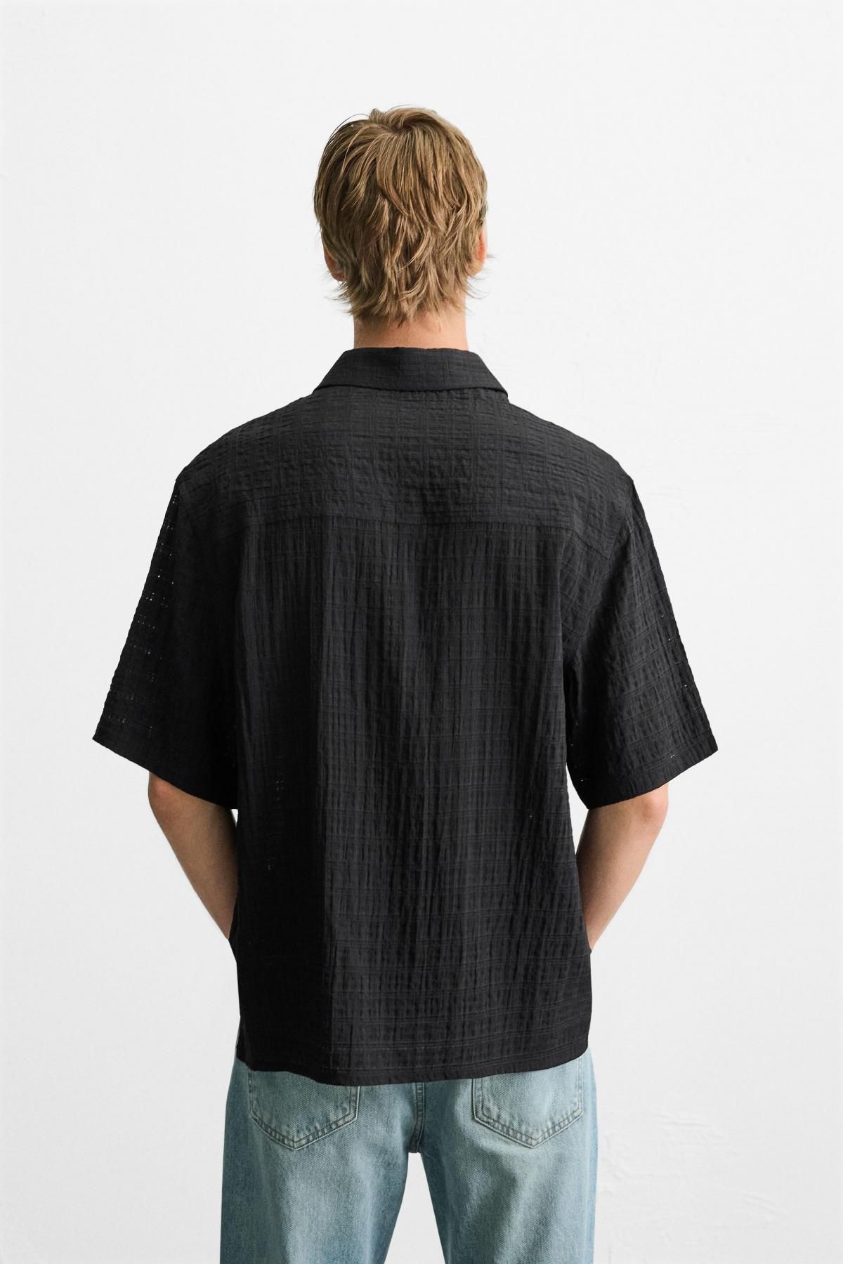 자라 릴렉스핏 텍스처 체크 반팔 셔츠 3715/600 BLACK - 상세 이미지 4