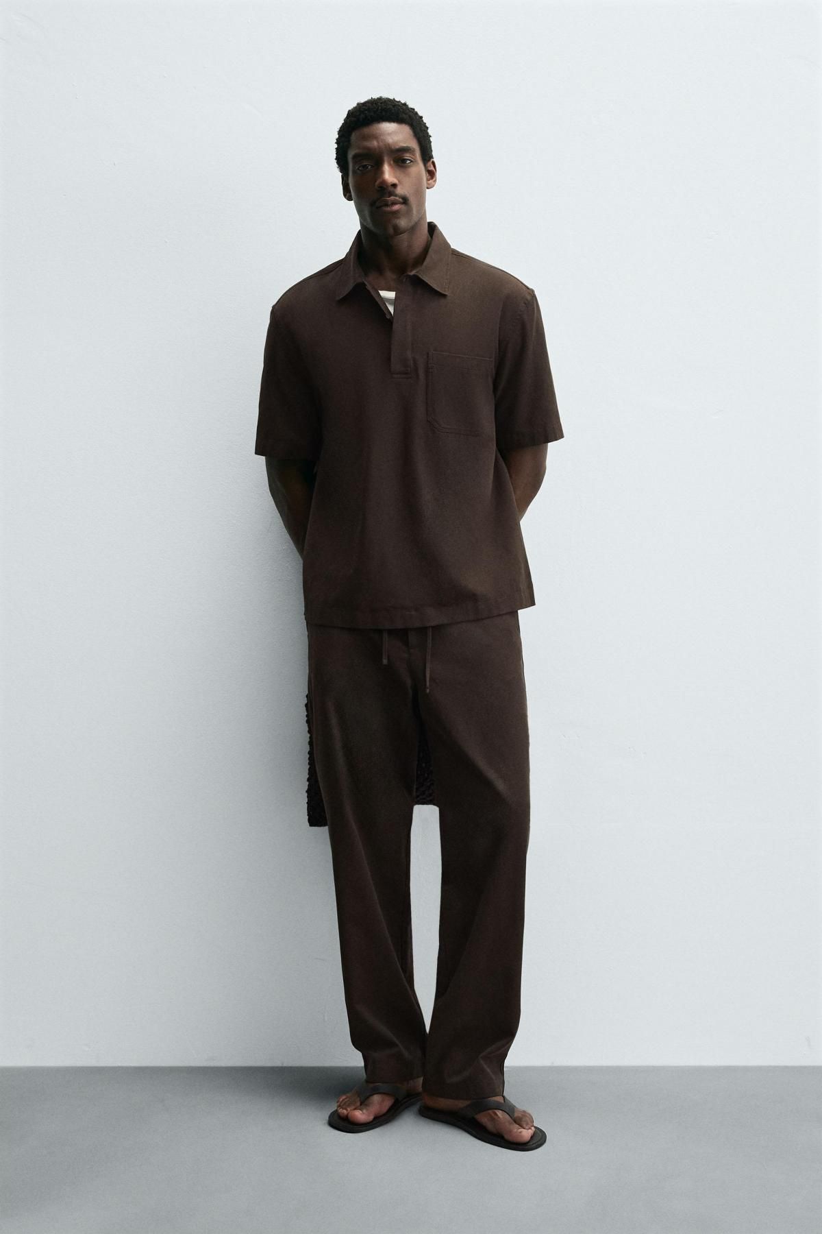 자라 테크니컬 릴렉스핏 라이오셀코튼 와이드 팬츠 6861/304 BROWN - 상세 이미지 2