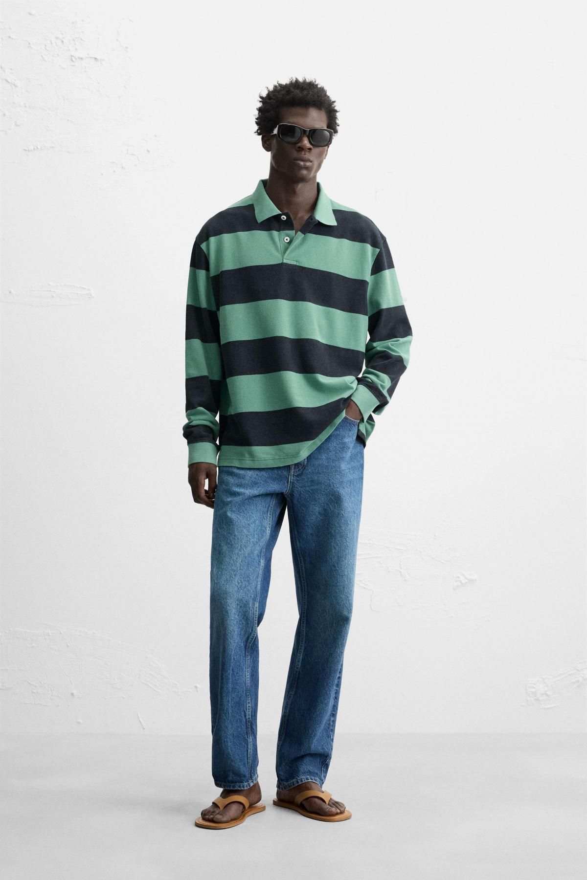 자라 스트라이프 워시드 테크니컬 긴팔 폴로셔츠 4092/313 GREEN / BLUE - 상세 이미지 2