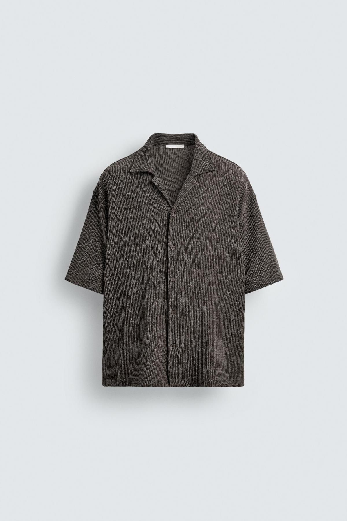 자라 텍스처 릴렉스핏 캠프카라 반팔 셔츠 4087/377 DARK KHAKI - 메인 이미지