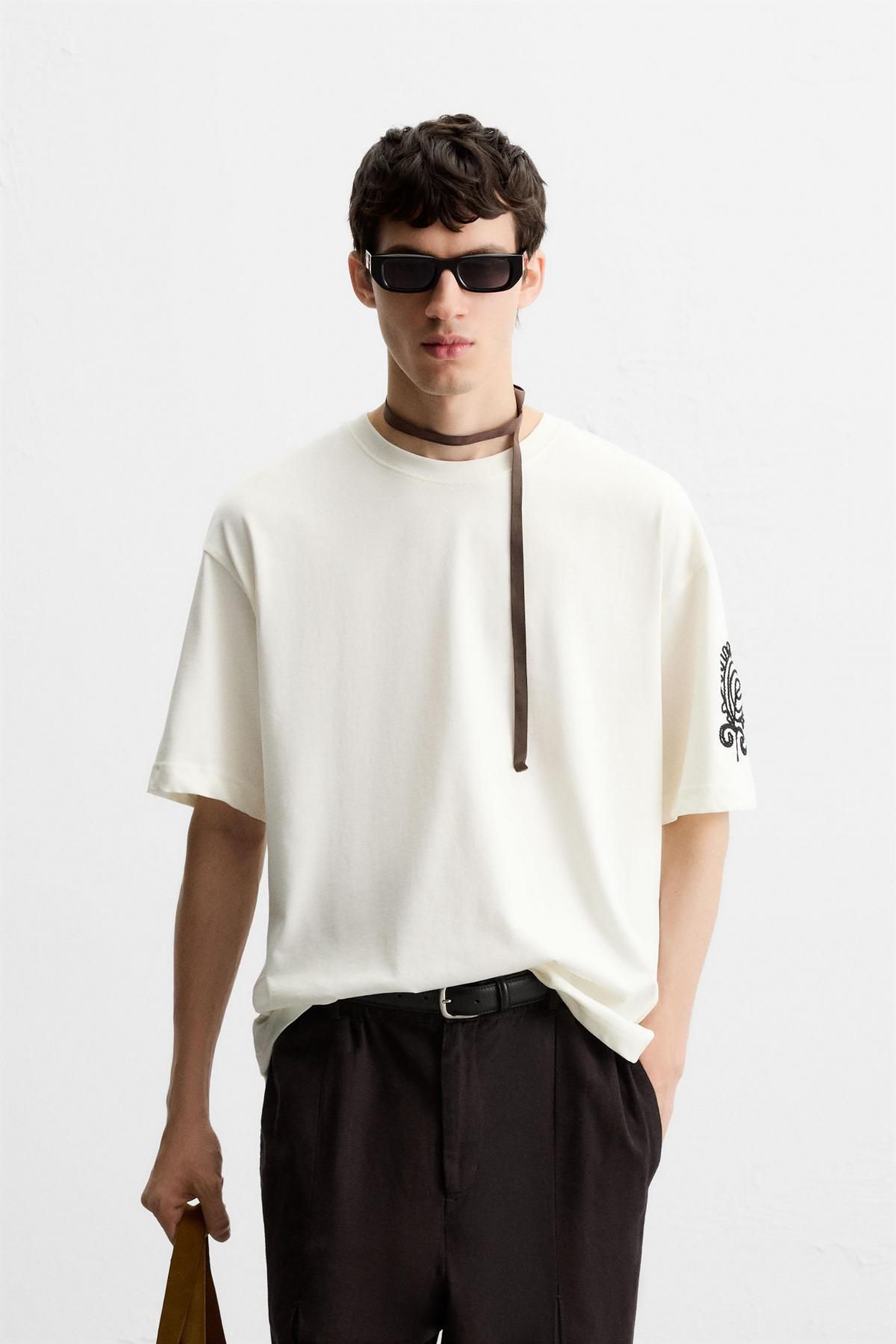 자라 코튼 배색 자수 반팔 티셔츠 5584/306 OYSTER-WHITE - 상세 이미지 3