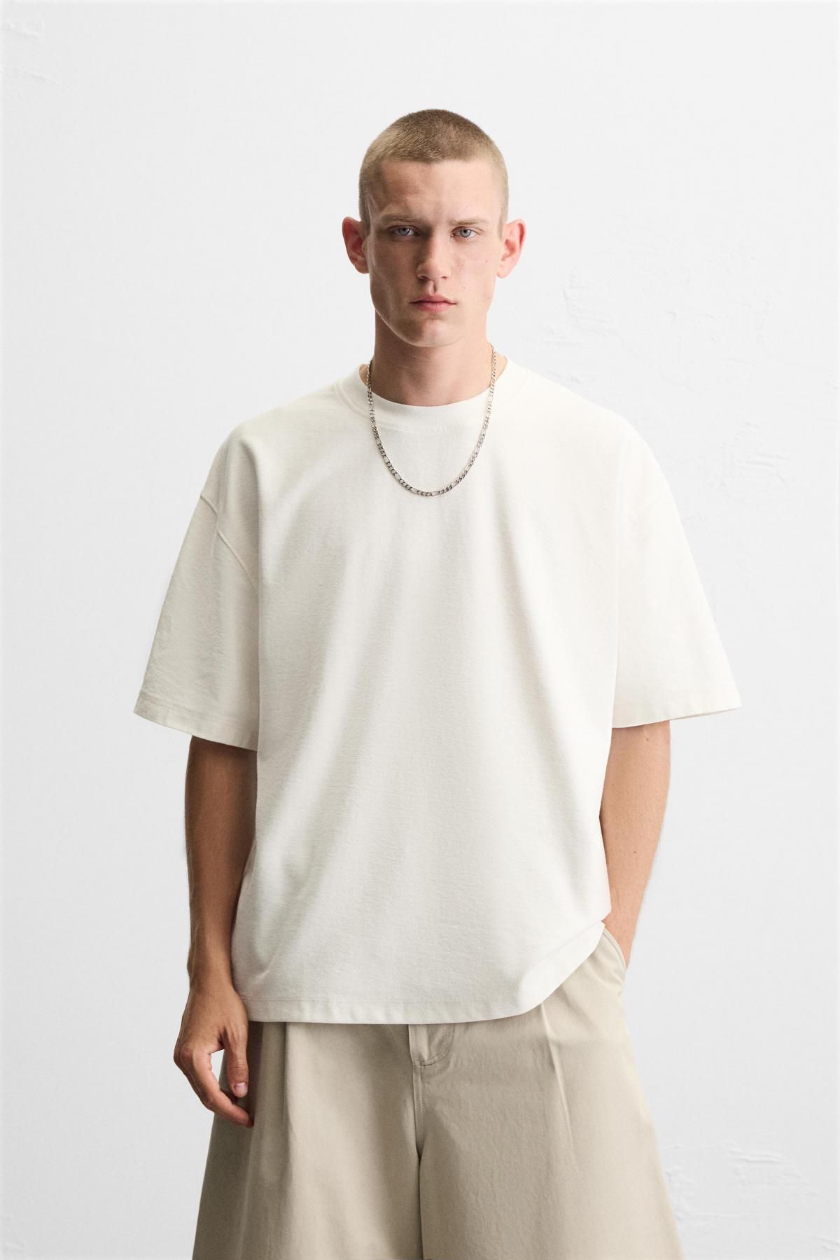 자라 헤비웨이트 텍스처 코튼 반팔 티셔츠 0526/430 OYSTER-WHITE - 상세 이미지 3