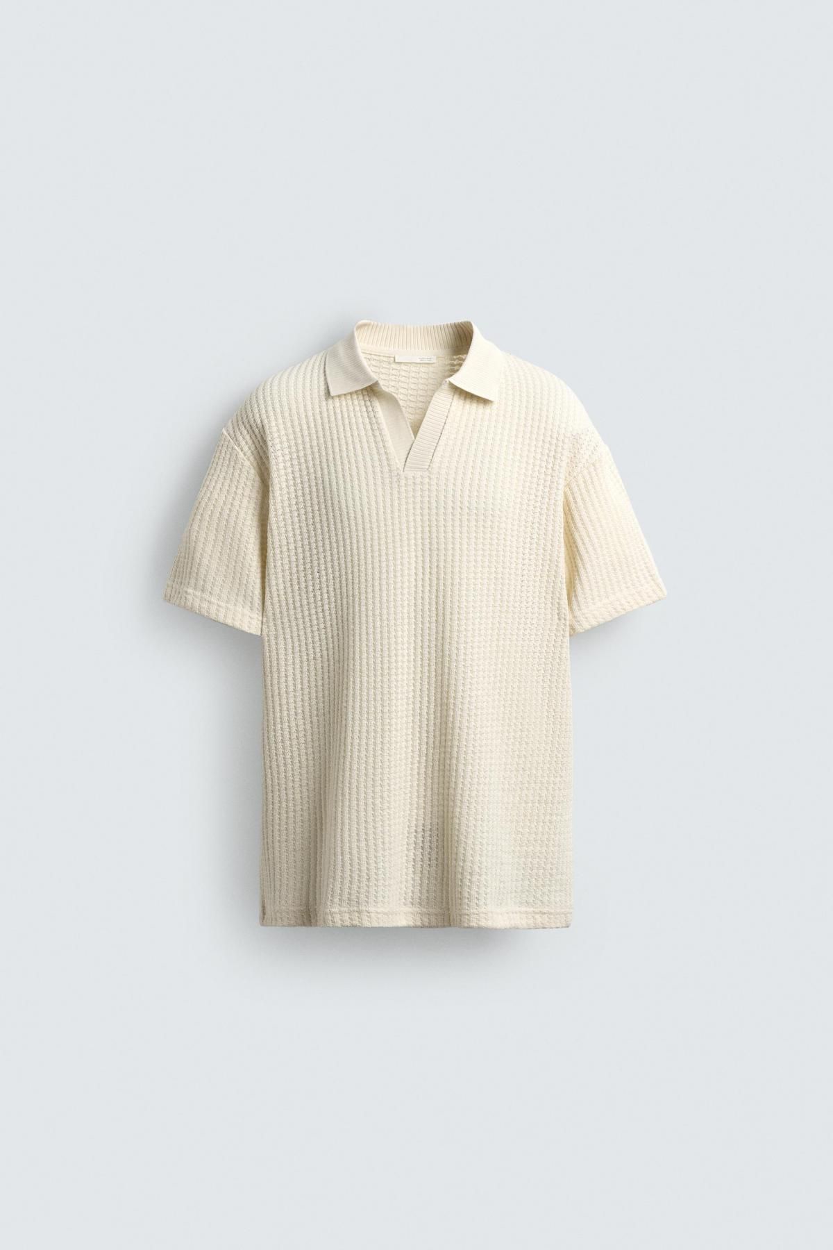 자라 와플텍스처 코튼블렌드 반팔 폴로 셔츠 4087/333 OYSTER-WHITE - 상품 이미지