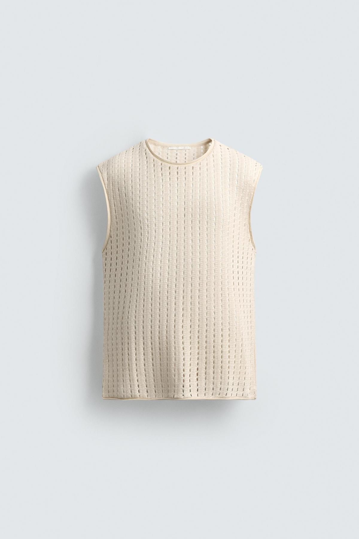 자라 라운드넥 레귤러핏 아이보리 오픈니트 민소매 티셔츠 3992/335 OYSTER-WHITE - 메인 이미지