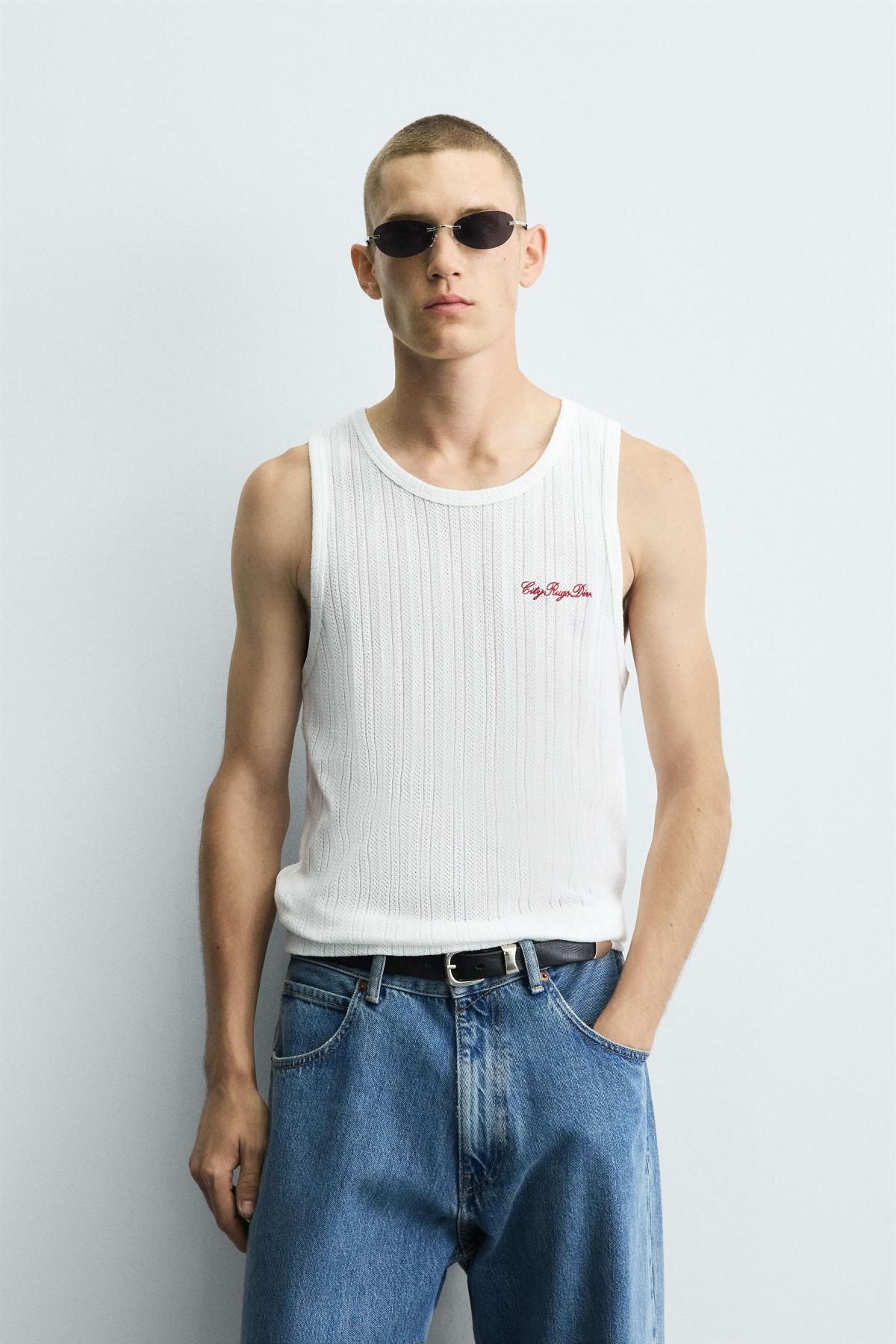 자라 레귤러핏 라운드넥 자수 골지 민소매 티셔츠 3665/340 OYSTER-WHITE - 상세 이미지 3