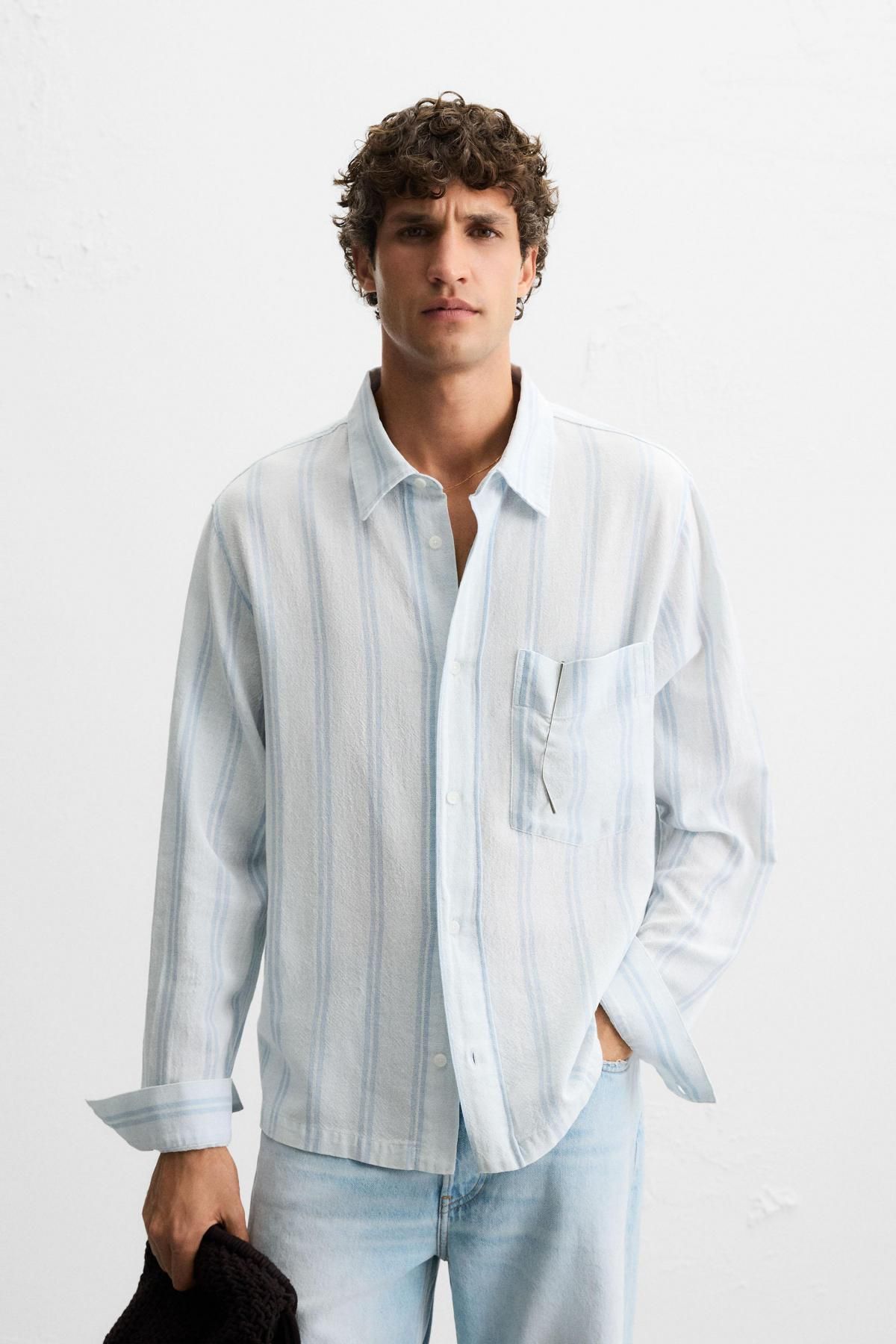 자라 스트라이프 텍스처 코튼 블렌드 긴팔 셔츠 6085/335 STRIPED - 상세 이미지 3
