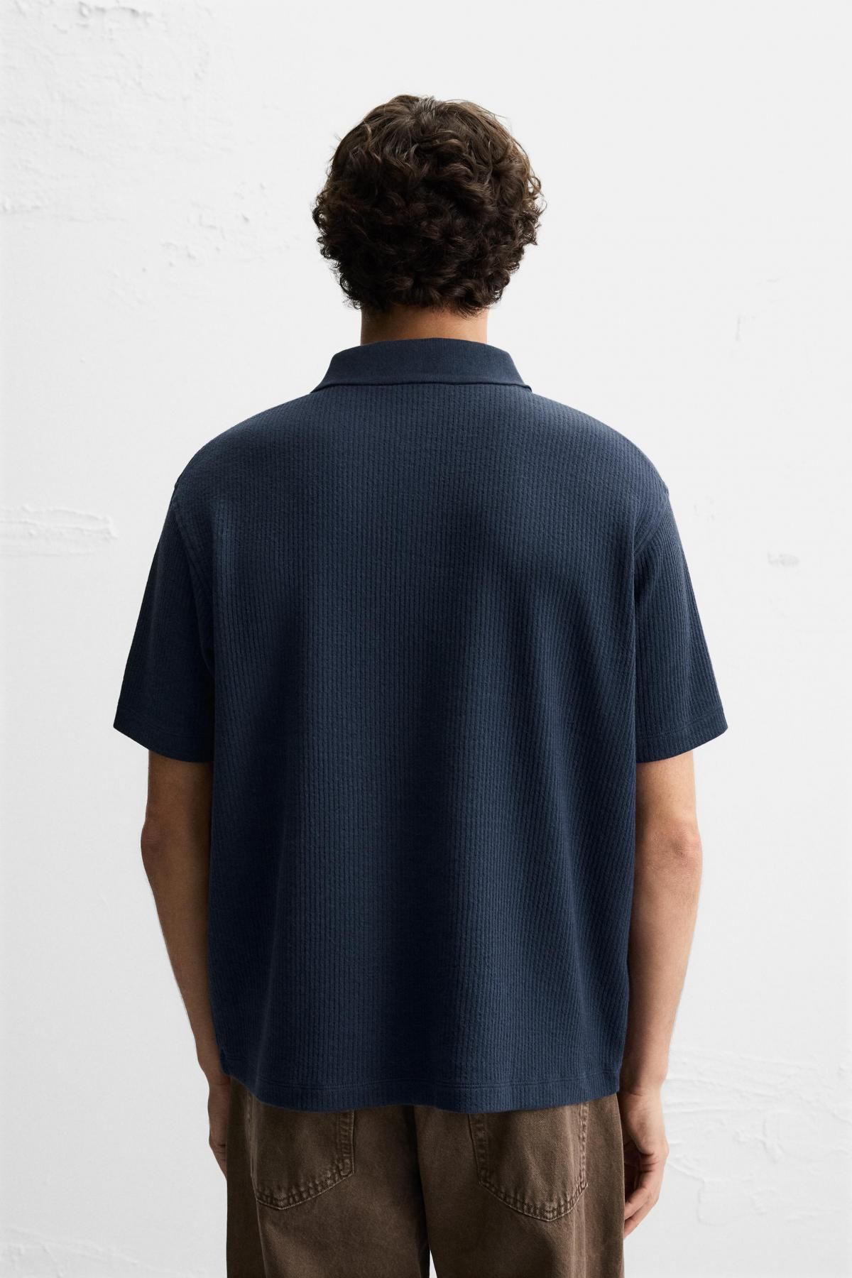 자라 베이직 테크니컬 버티컬 텍스처 반팔 폴로셔츠 0526/405 NAVY BLUE - 상세 이미지 4