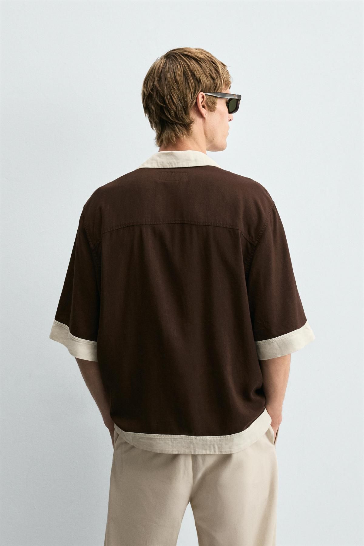 자라 릴렉스핏 비스코스 리넨 컬러블록 반팔 셔츠 1195/406 BROWN - 상세 이미지 4